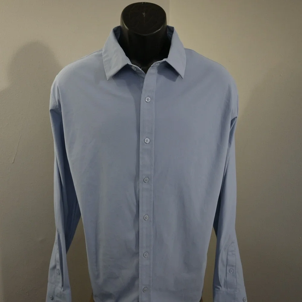 Fabletics Button Up Shirt Mens Large Blue Performance Stretch Long Sleeve